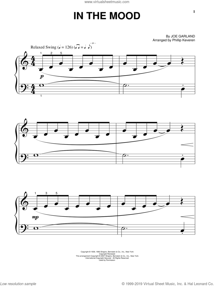 In The Mood (arr. Phillip Keveren) sheet music for piano solo (big note book) by Phillip Keveren, Glenn Miller & His Orchestra and Joe Garland, easy piano (big note book)