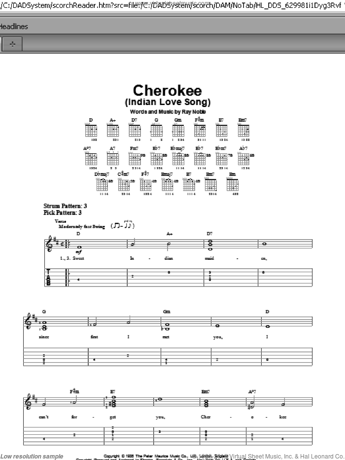 Cherokee (Indian Love Song) sheet music for guitar solo (easy tablature) by Benny Goodman Sextet, Charlie Barnet & his Orchestra, Ray Noble and Ray Noble And His Orchestra, easy guitar (easy tablature)
