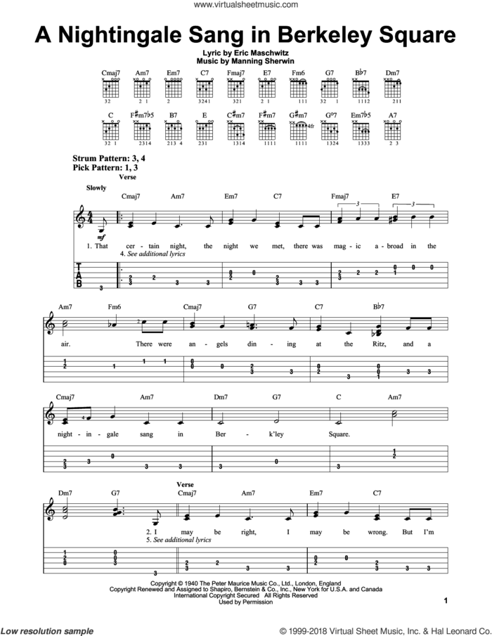 A Nightingale Sang In Berkeley Square sheet music for guitar solo (easy tablature) by Manhattan Transfer, Eric Maschwitz and Manning Sherwin, easy guitar (easy tablature)