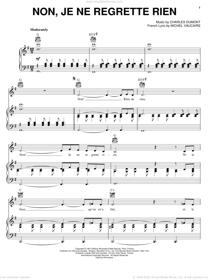 Non, Je Ne Regrette Rien sheet music for voice, piano or guitar by Michel Vaucaire, Edith Piaf and Charles Dumont, intermediate skill level