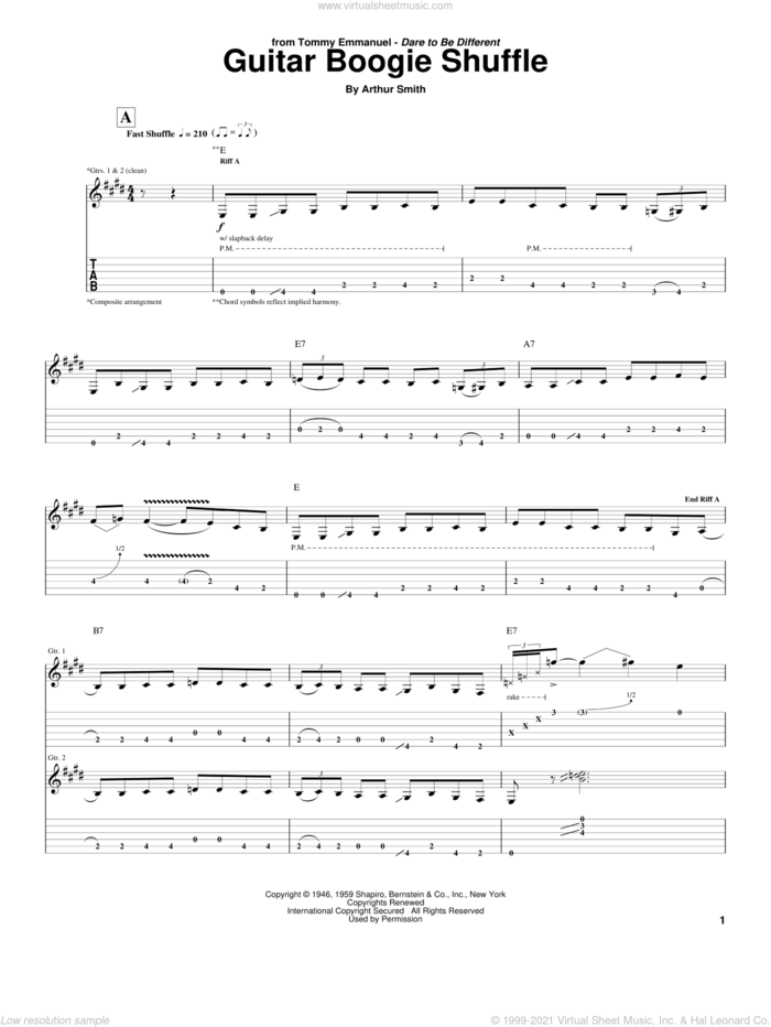 Guitar Boogie Shuffle sheet music for guitar (tablature) by Tommy Emmanuel, Arthur Smith and The Virtues, intermediate skill level