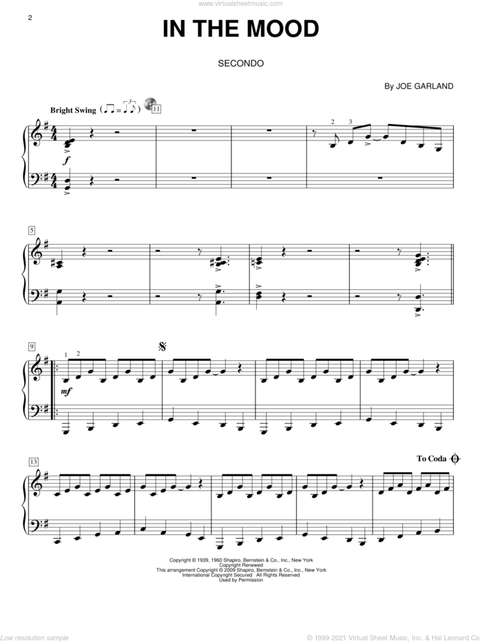 In The Mood sheet music for piano four hands by Glenn Miller & His Orchestra and Joe Garland, intermediate skill level