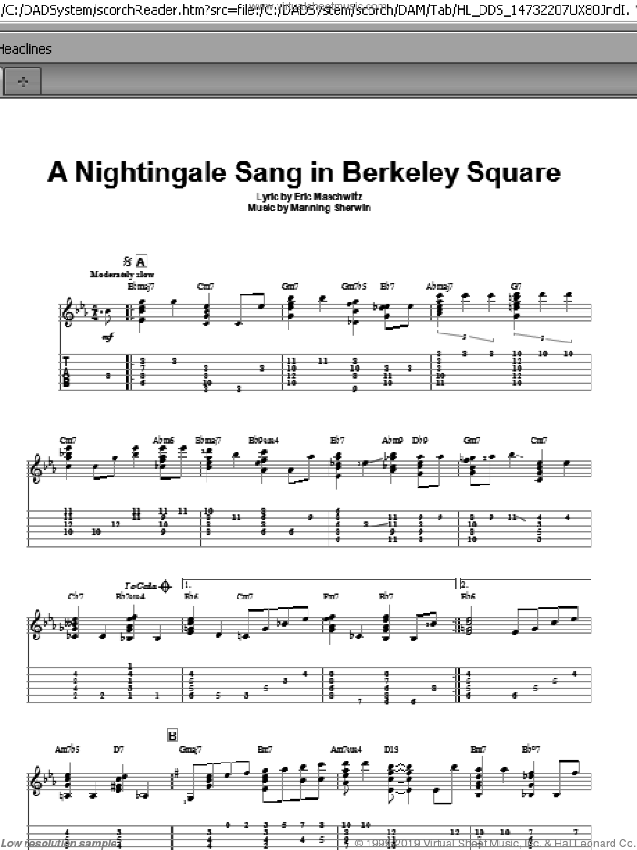 A Nightingale Sang In Berkeley Square sheet music for guitar solo by Manhattan Transfer, Eric Maschwitz, Jeff Arnold and Manning Sherwin, intermediate skill level