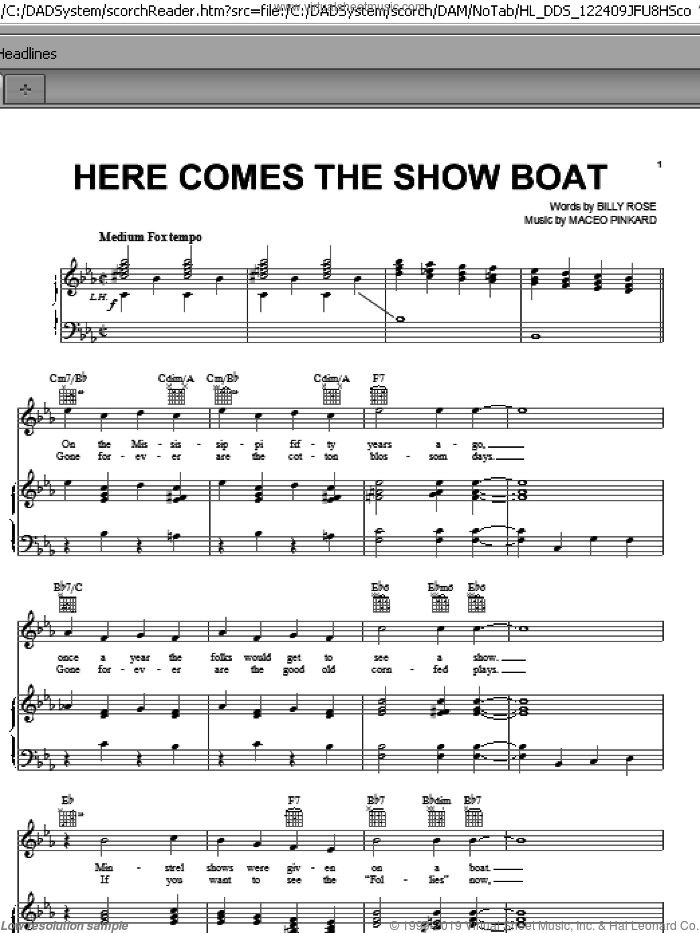 Here Comes The Show Boat sheet music for voice, piano or guitar by Maceo Pinkard and Billy Rose, intermediate skill level