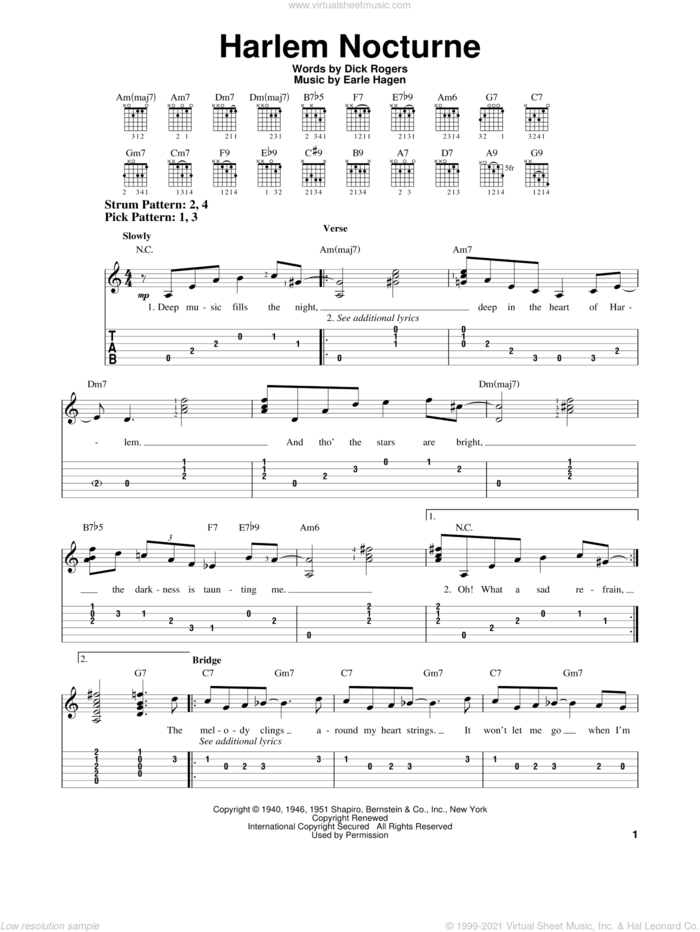 Harlem Nocturne sheet music for guitar solo (easy tablature) by Dick Rogers and Earle Hagen, easy guitar (easy tablature)