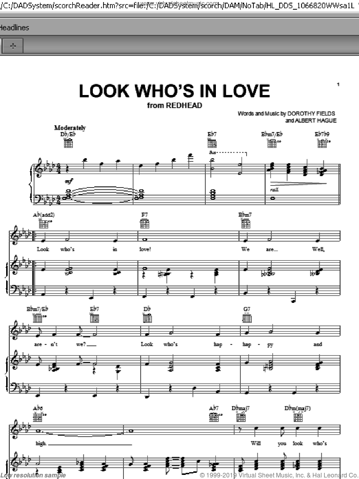 Look Who's In Love sheet music for voice, piano or guitar by Dorothy Fields and Albert Hague, intermediate skill level