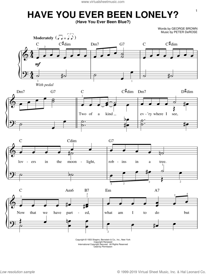 Have You Ever Been Lonely? (Have You Ever Been Blue?) sheet music for piano solo by Patsy Cline & Jim Reeves, George Brown and Peter DeRose, easy skill level
