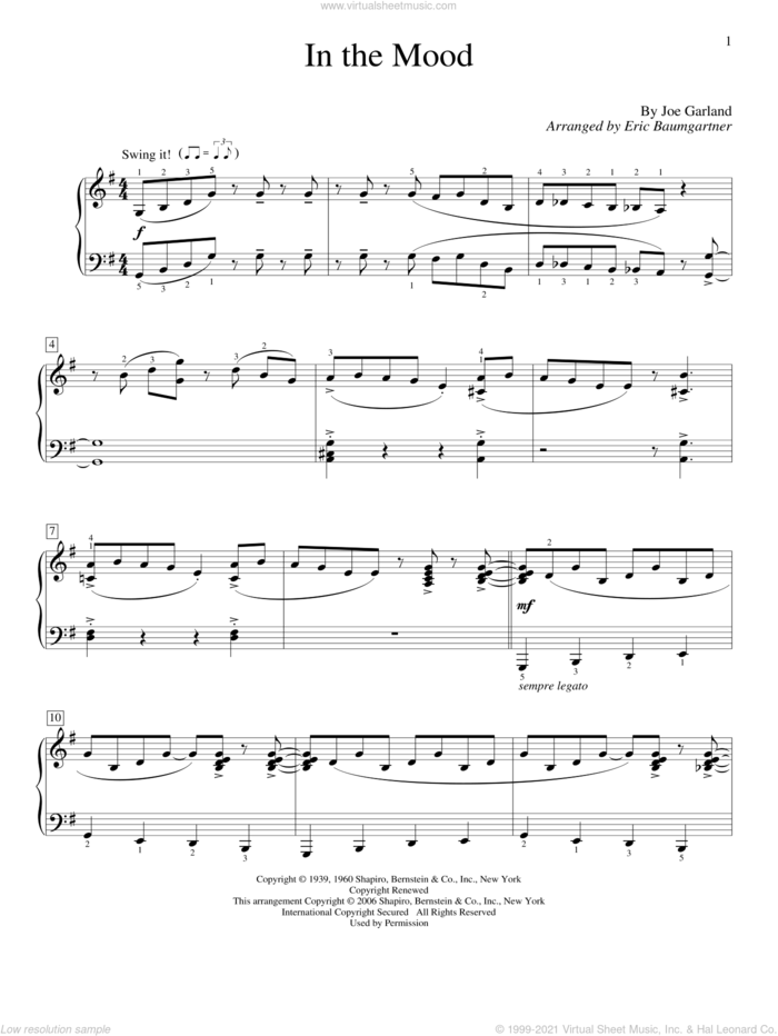 In The Mood sheet music for piano solo (elementary) by Eric Baumgartner, Glenn Miller & His Orchestra and Joe Garland, beginner piano (elementary)
