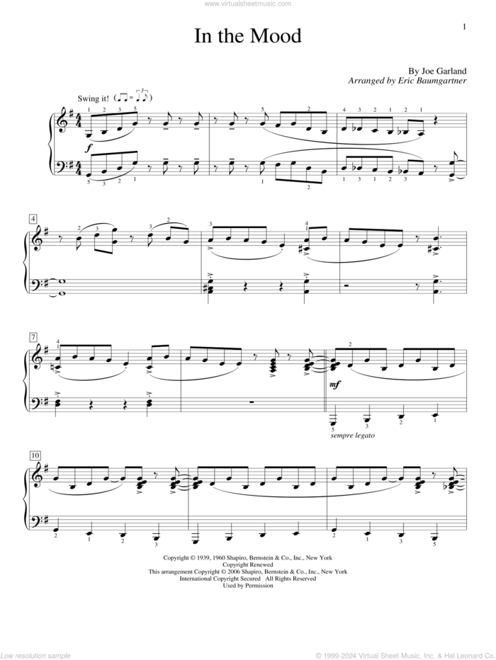 In The Mood sheet music for piano solo (elementary) by Eric Baumgartner, Glenn Miller & His Orchestra and Joe Garland, beginner piano (elementary)