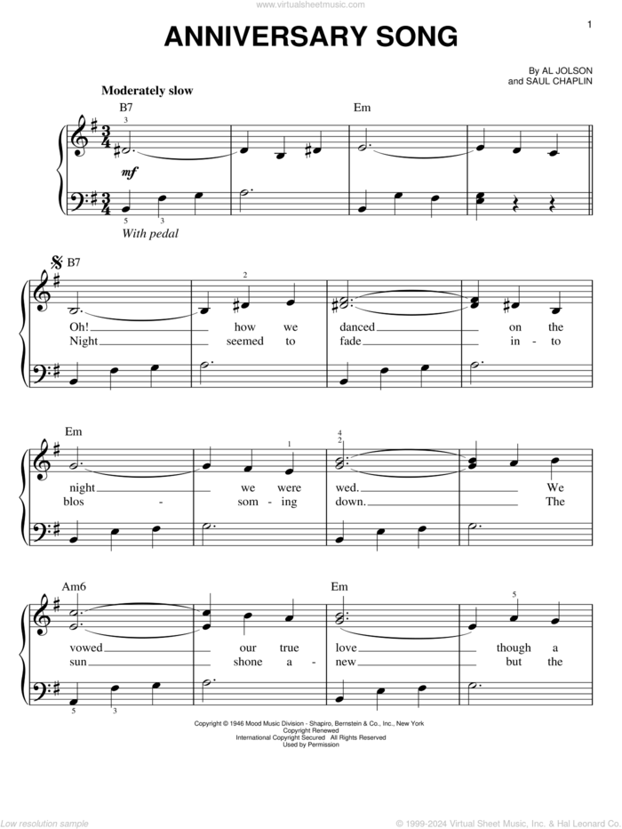 Anniversary Song, (easy) sheet music for piano solo by Saul Chaplin and Al Jolson, wedding score, easy skill level