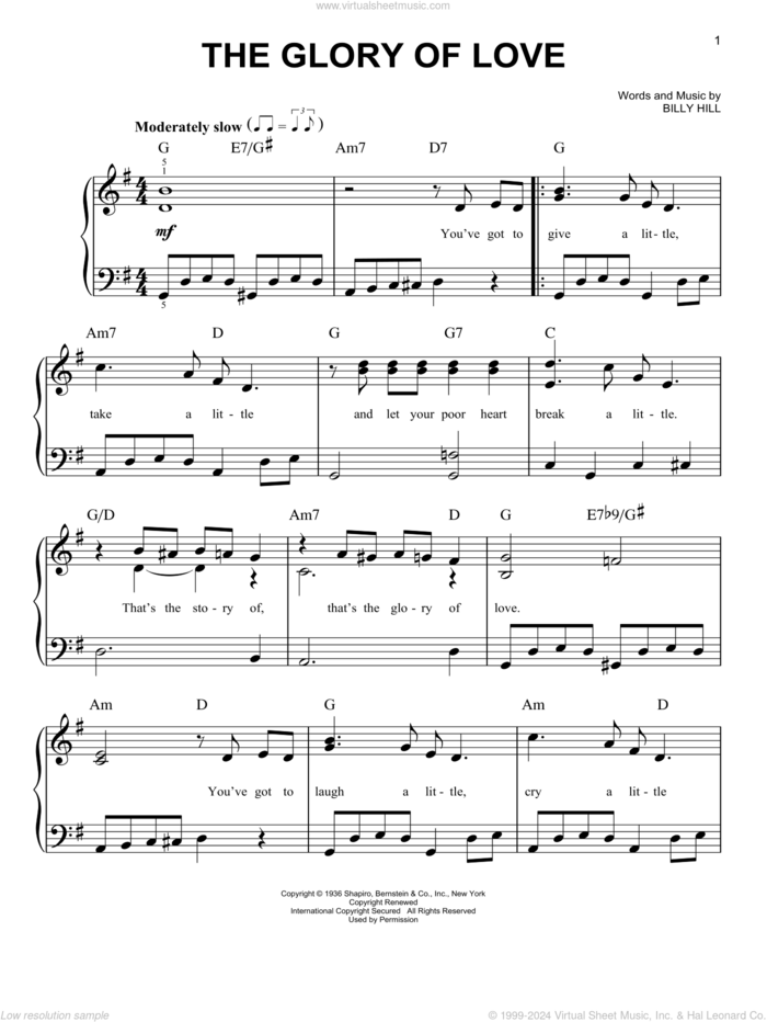 The Glory Of Love sheet music for piano solo by Billy Hill, Count Basie, Jimmy Durante, Peggy Lee and The Platters, easy skill level