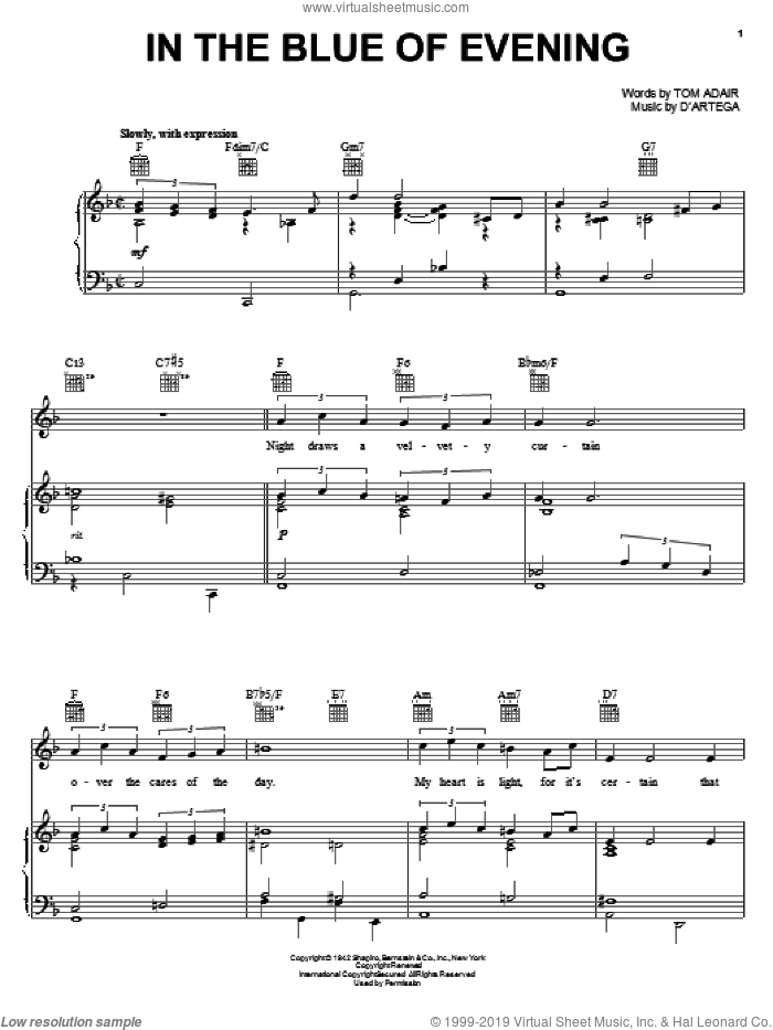 In The Blue Of Evening sheet music for voice, piano or guitar by Tom Adair, intermediate skill level
