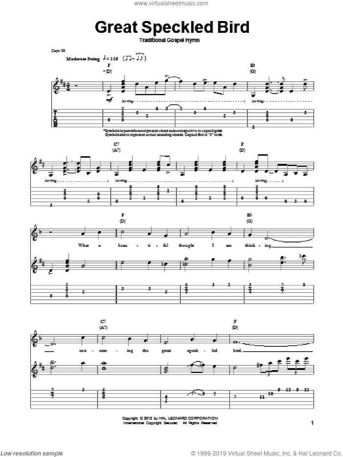 Great Speckled Bird sheet music for guitar (tablature, play-along) by Traditional Gospel Hymn, intermediate skill level