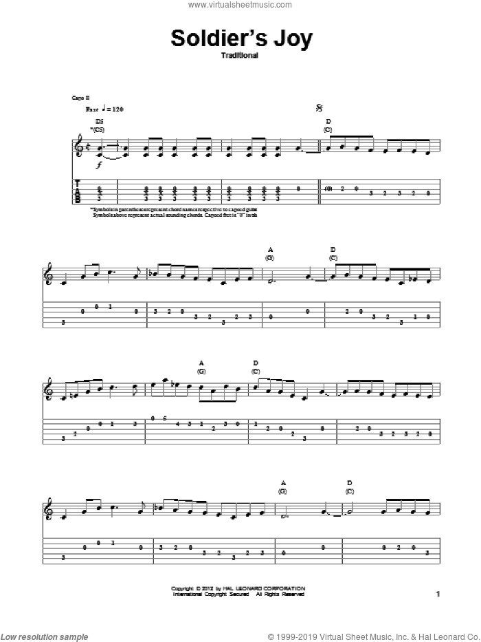 Soldier's Joy sheet music for guitar (tablature, play-along), intermediate skill level