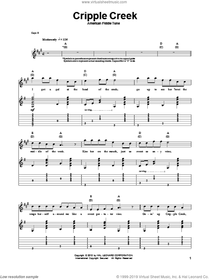 Cripple Creek sheet music for guitar (tablature, play-along), intermediate skill level