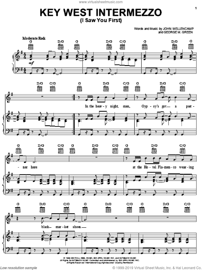 Key West Intermezzo (I Saw You First) sheet music for voice, piano or guitar by John Mellencamp and George Green, intermediate skill level