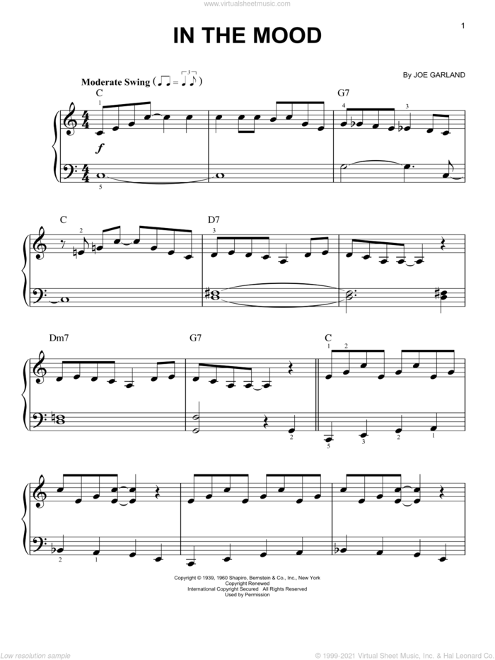 In The Mood, (easy) sheet music for piano solo by Glenn Miller & His Orchestra and Joe Garland, easy skill level