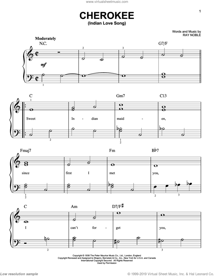 Cherokee (Indian Love Song), (easy) sheet music for piano solo by Benny Goodman Sextet, Charlie Barnet & his Orchestra, Ray Noble and Ray Noble And His Orchestra, easy skill level