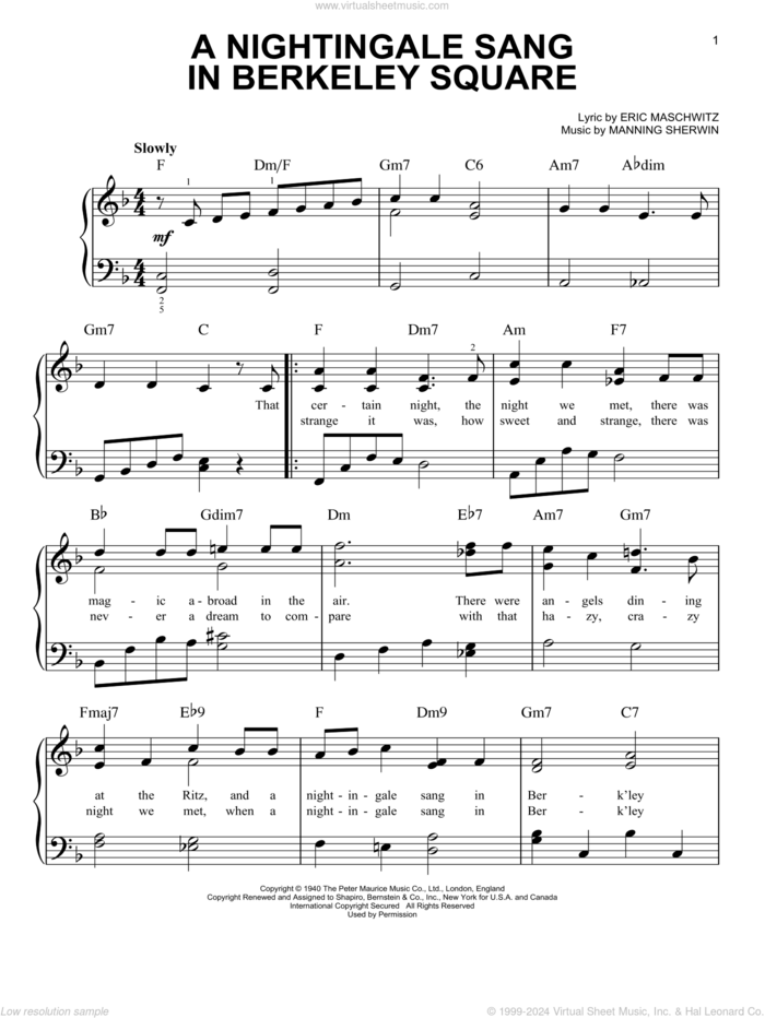 A Nightingale Sang In Berkeley Square, (easy) sheet music for piano solo by Manhattan Transfer, Eric Maschwitz and Manning Sherwin, easy skill level