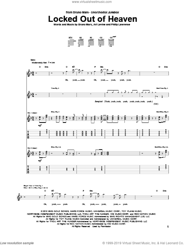 Locked Out Of Heaven sheet music for guitar (tablature) by Bruno Mars, Ari Levine and Philip Lawrence, intermediate skill level