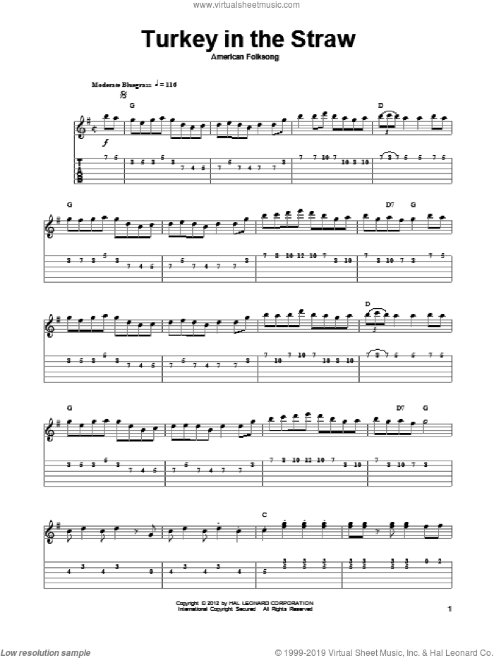Turkey In The Straw sheet music for guitar (tablature, play-along) by American Folksong, intermediate skill level