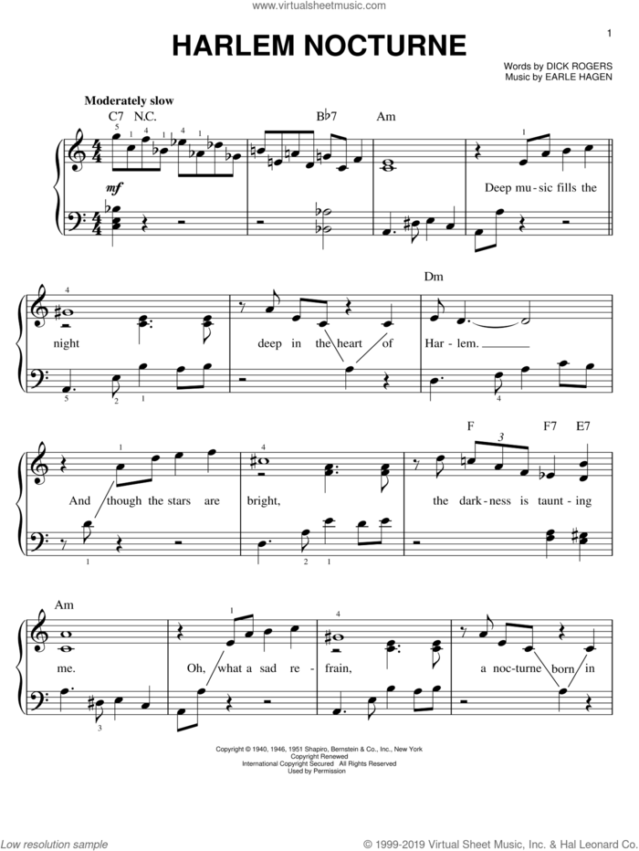 Harlem Nocturne sheet music for piano solo by Dick Rogers and Earle Hagen, easy skill level