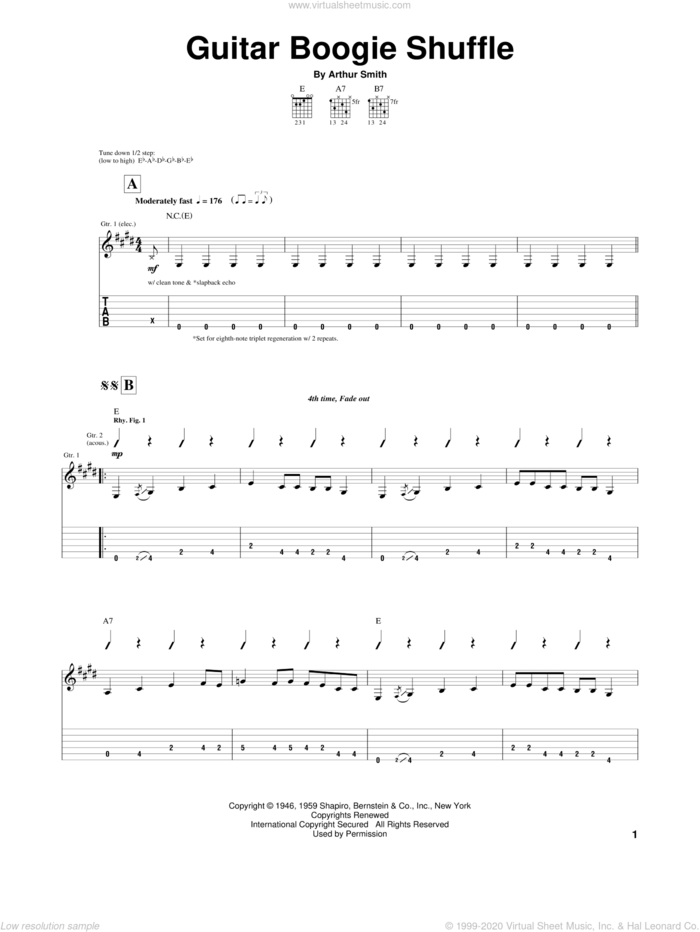 Guitar Boogie Shuffle sheet music for guitar (tablature) by The Virtues and Arthur Smith, intermediate skill level