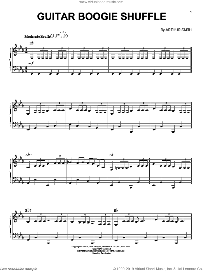 Guitar Boogie Shuffle sheet music for piano solo by The Virtues and Arthur Smith, intermediate skill level