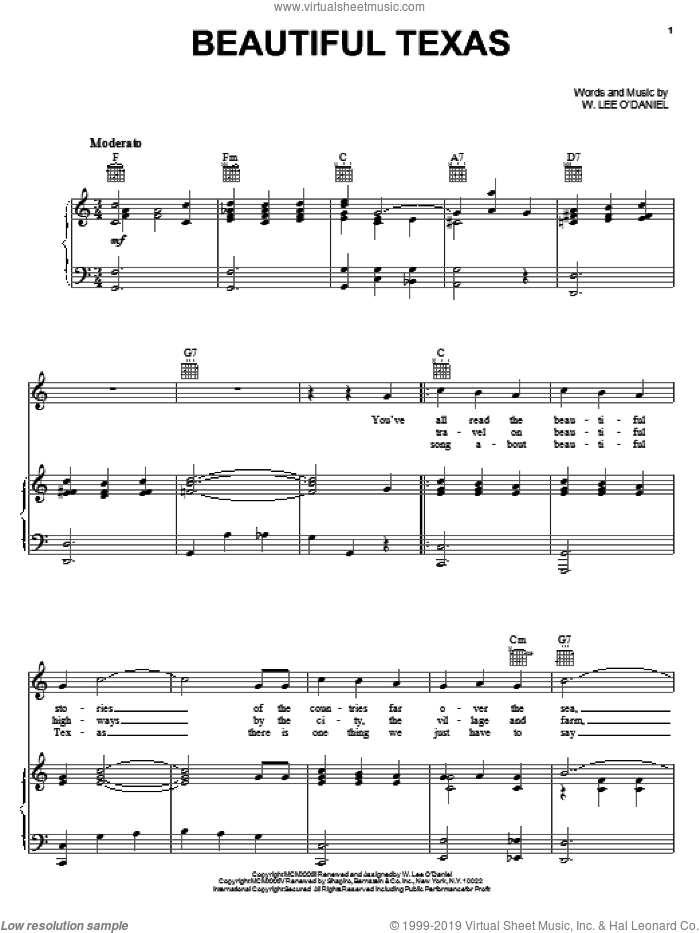 Beautiful Texas sheet music for voice, piano or guitar by Lee O'Daniel, intermediate skill level