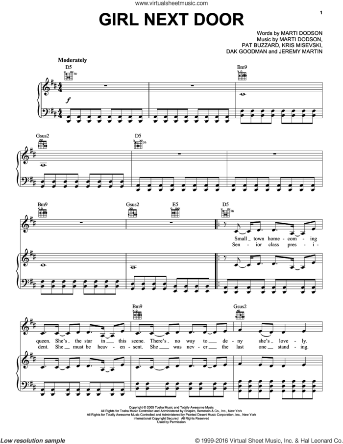 Girl Next Door sheet music for voice, piano or guitar by Saving Jane, Dak Goodman, Jeremy Martin, Kris Misevski, Marti Dodson and Pat Buzzard, intermediate skill level