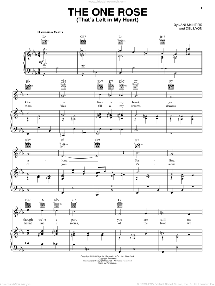 The One Rose (That's Left In My Heart) sheet music for voice, piano or guitar by Lani McIntire and Del Lyon, intermediate skill level