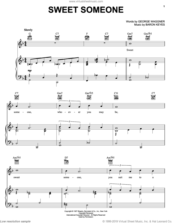 Sweet Someone sheet music for voice, piano or guitar by Baron Keyes and George Waggner, intermediate skill level