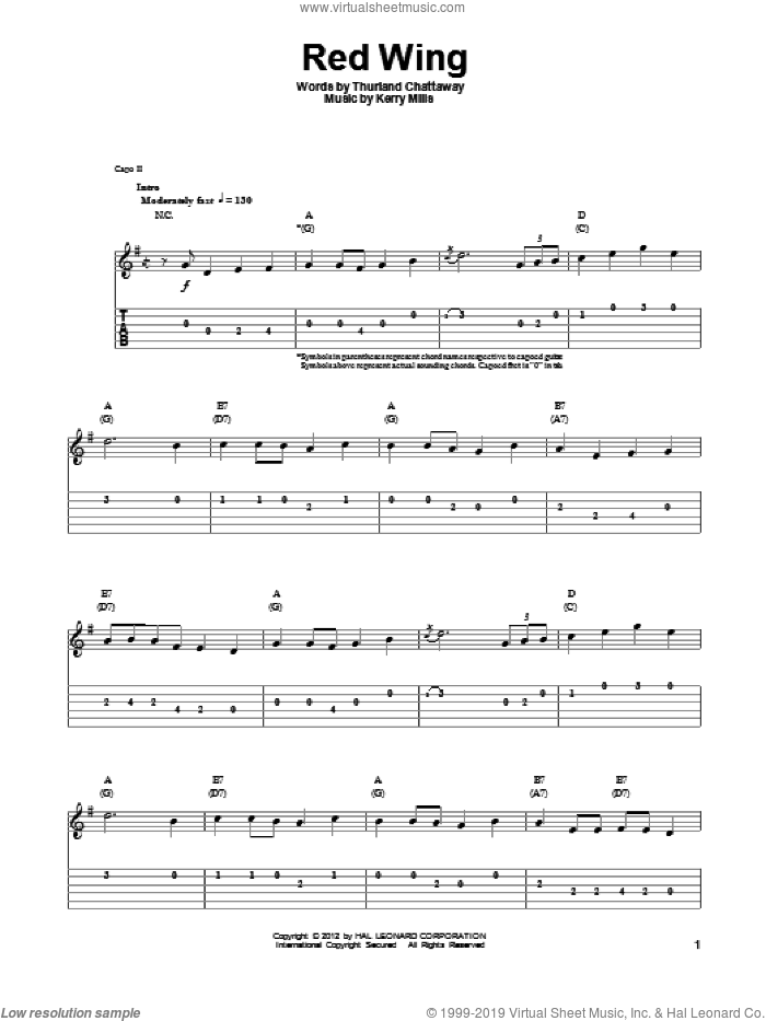 Red Wing sheet music for guitar (tablature, play-along) by Thurland Chattaway and Kerry Mills, intermediate skill level