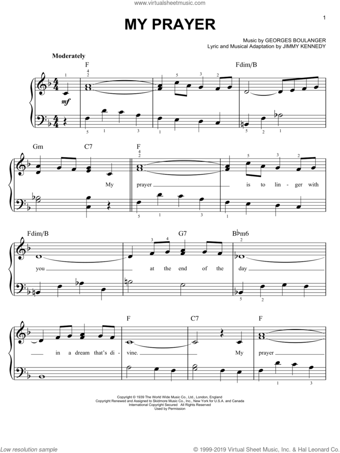 My Prayer sheet music for piano solo by The Platters, Georges Boulanger and Jimmy Kennedy, easy skill level
