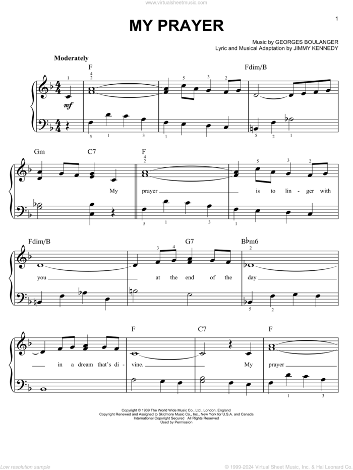 My Prayer sheet music for piano solo by The Platters, Georges Boulanger and Jimmy Kennedy, easy skill level