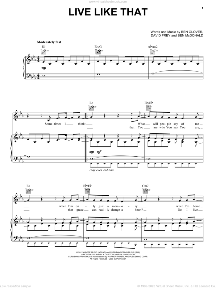 Live Like That sheet music for voice, piano or guitar by Sidewalk Prophets, Ben Glover, Ben McDonald and David Frey, intermediate skill level