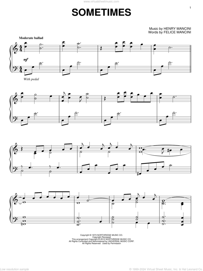 Sometimes sheet music for piano solo by Henry Mancini and Felice Mancini, intermediate skill level