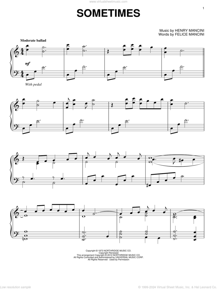 Sometimes sheet music for piano solo by Henry Mancini and Felice Mancini, intermediate skill level