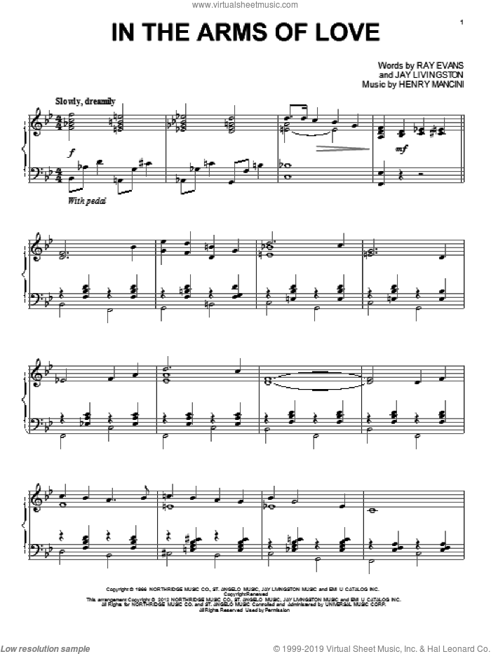 In The Arms Of Love sheet music for piano solo by Henry Mancini, Jay Livingston and Ray Evans, intermediate skill level