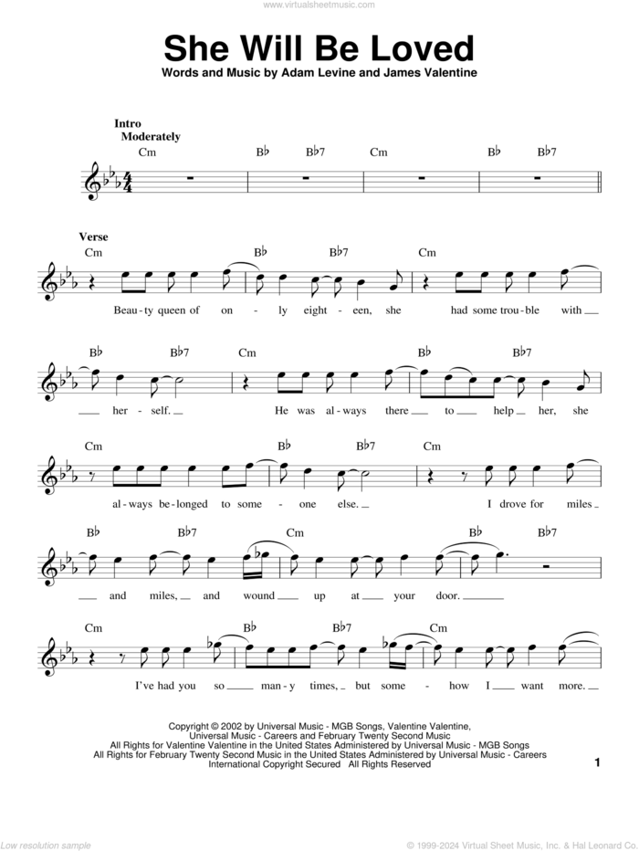 She Will Be Loved sheet music for voice solo by Maroon 5, Adam Levine and James Valentine, intermediate skill level