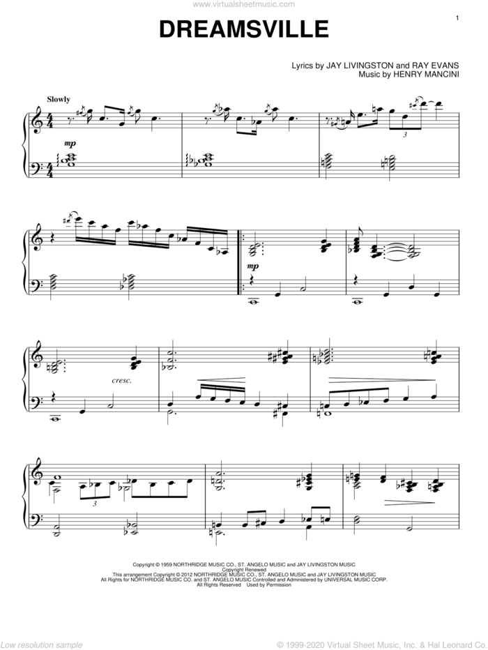 Dreamsville, (intermediate) sheet music for piano solo by Henry Mancini, Jay Livingston and Ray Evans, intermediate skill level
