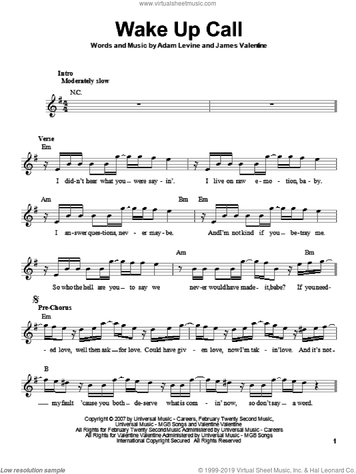 Wake Up Call sheet music for voice solo by Maroon 5, Adam Levine and James Valentine, intermediate skill level