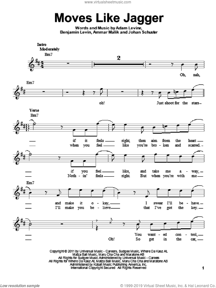 Moves Like Jagger sheet music for voice solo by Maroon 5, Adam Levine, Ammar Malk and Benjamin Levin, intermediate skill level