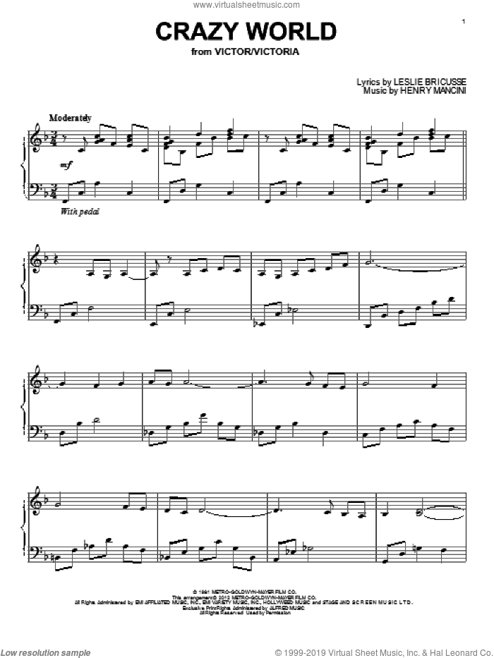 Crazy World, (intermediate) sheet music for piano solo by Henry Mancini and Leslie Bricusse, intermediate skill level