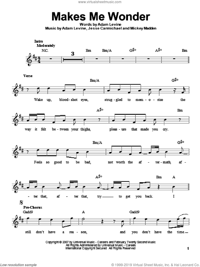 Makes Me Wonder sheet music for voice solo by Maroon 5, Adam Levine and Jesse Carmichael, intermediate skill level