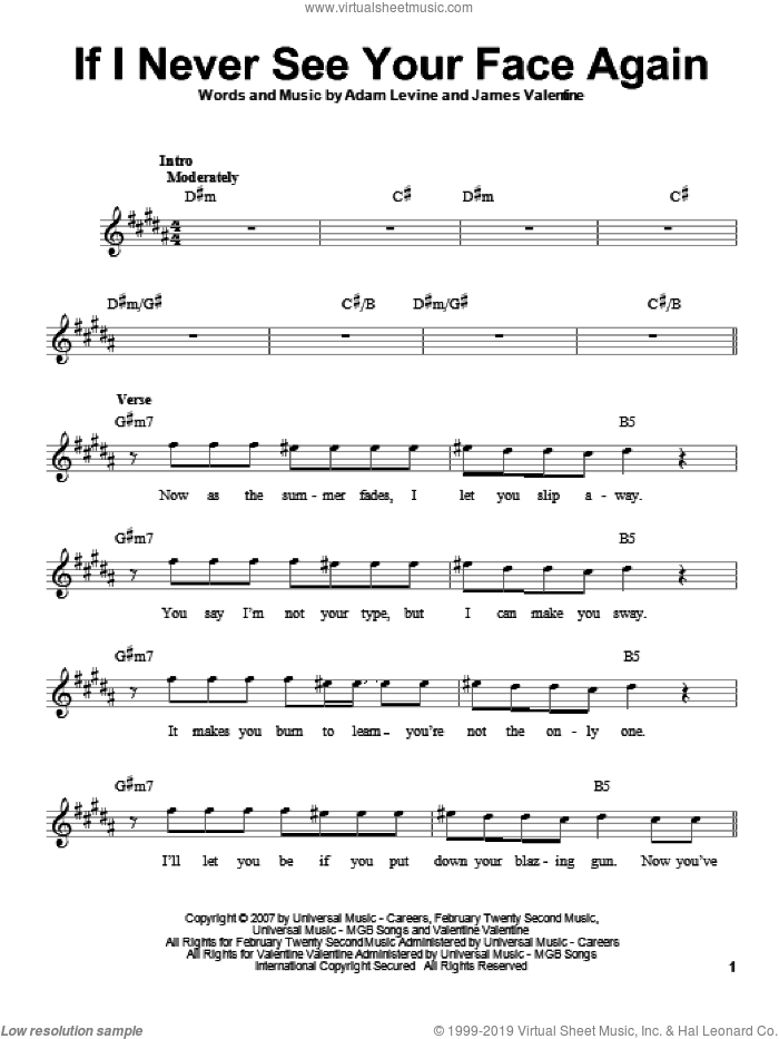 If I Never See Your Face Again sheet music for voice solo by Maroon 5, Adam Levine and James Valentine, intermediate skill level