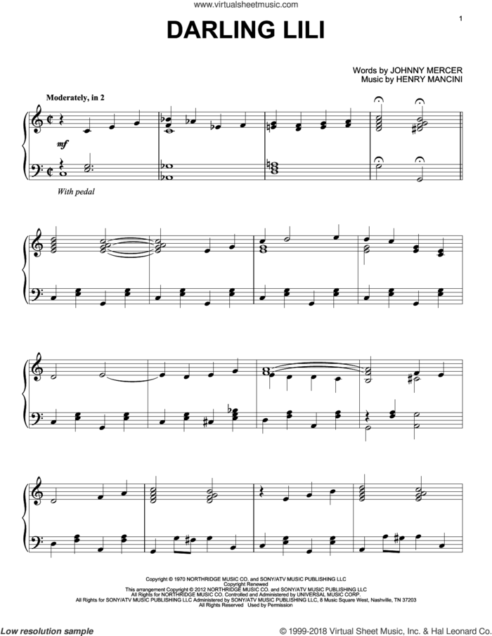 Darling Lili, (intermediate) sheet music for piano solo by Henry Mancini and Johnny Mercer, intermediate skill level