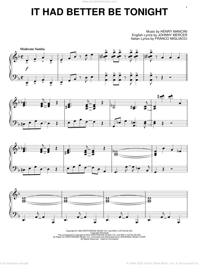 It Had Better Be Tonight sheet music for piano solo (PDF)
