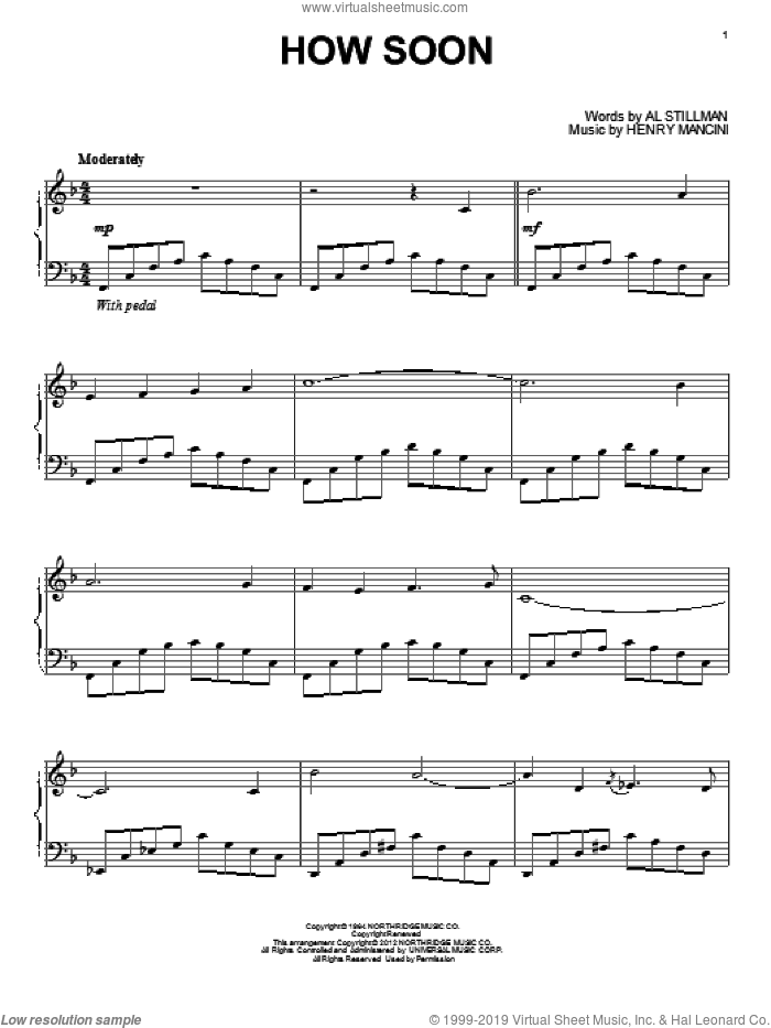 How Soon sheet music for piano solo by Henry Mancini and Al Stillman, intermediate skill level