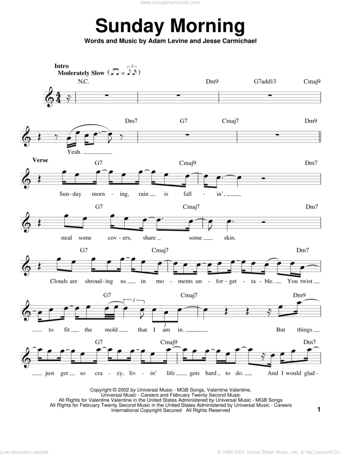 Sunday Morning sheet music for voice solo by Maroon 5, Adam Levine and Jesse Carmichael, intermediate skill level